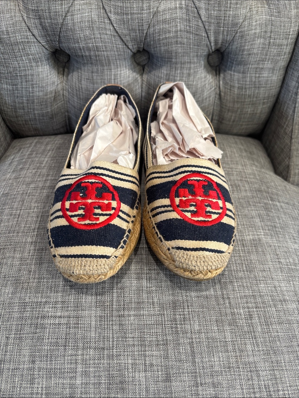 Tory Burch Navy and Natural Striped Espadrilles with Red Logo